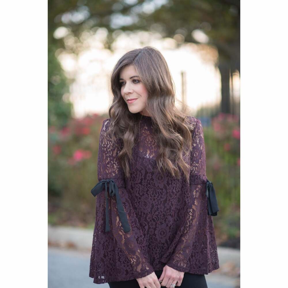 LOFT Plum Purple Lace Bell Sleeve Blouse with Bow Detail Size M
